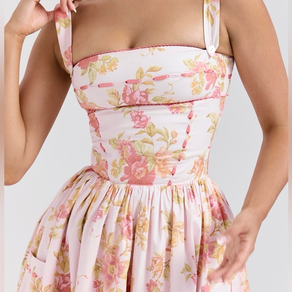 Peach poppy print cotton midi sundress